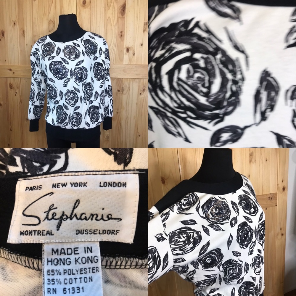 80s black roses w gray sequins top by Stephanie